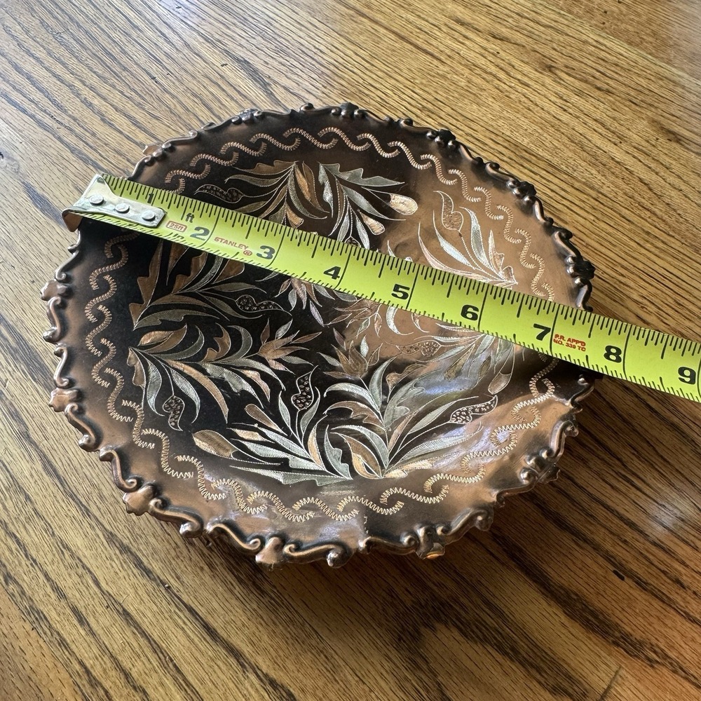 Vintage Copper Footed Bowl | Hand-Etched Boho Floral Dish | Artist Signed - Picture 12 of 13